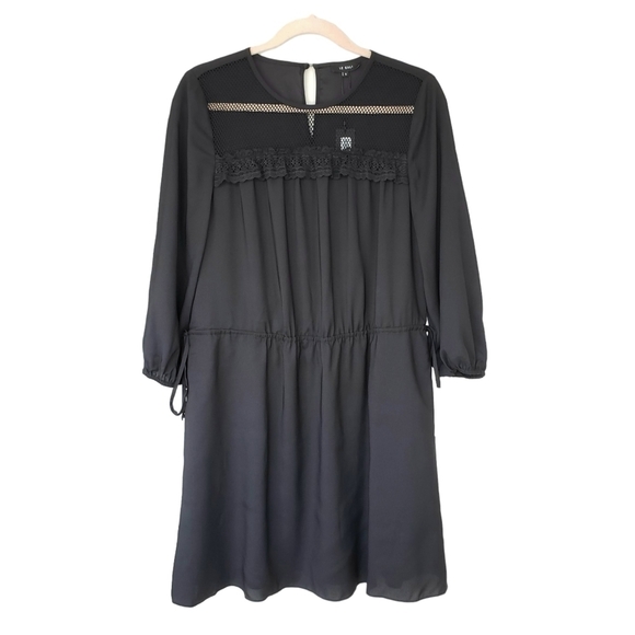 Le Gali Black Boho Babydoll Dress Mesh Top Drawstring Waist 3/4 Sleeve - Picture 2 of 7